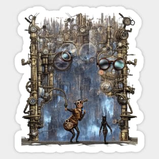 Cat Walking into Gothic Steampunk City Sticker